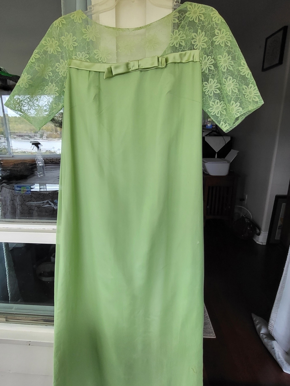Party Time Formals Light Green Lace Yoke Maxi Dress with Bow. See Measurements